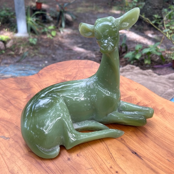 Mid Century Signed Green Deer Fawn Sculpture Ear repaired view each photo